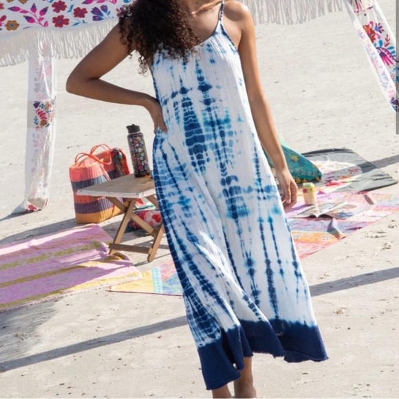 NATURAL LIFE Blue Tie-Dye Maxi Dress 100% Cotton Crinkle Gauze Boho - Picture 1 of 10